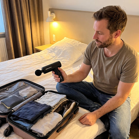 Mand med Musclepain Go lille massagepistol ved kufferten på hotelværelset