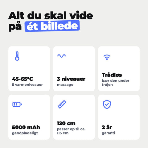 MuscleHeat specifikationer: 45-65°C, 3 massageniveauer, trådløs, 5000 mAh, 120 cm, 2 års garanti