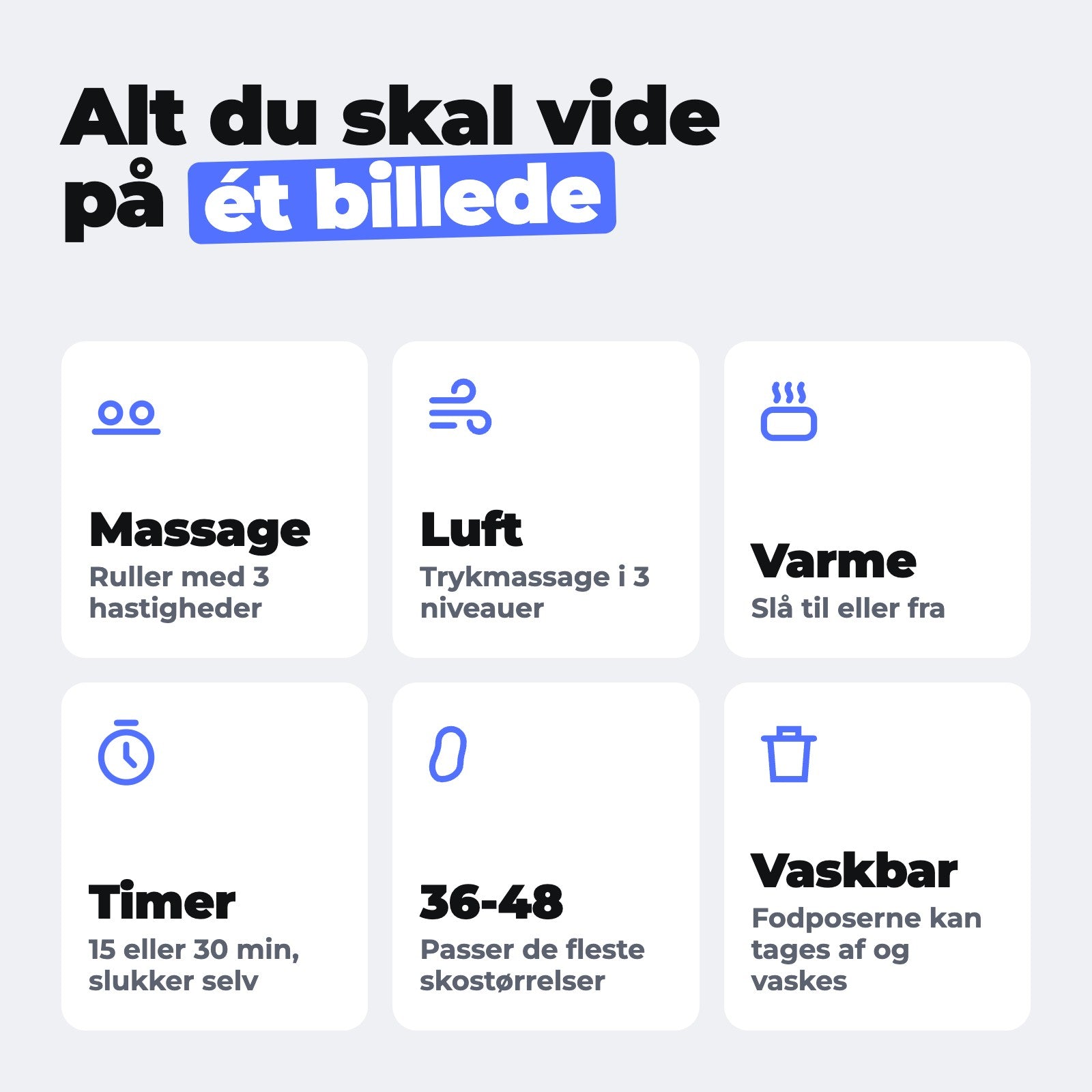 MuscleFeet: 3 programmer, luftmassage, varme, timer, str. 36-48, vaskbare fodposer