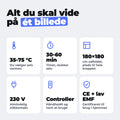 Saunatæppe specifikationer: 35-75 °C, 30-60 min timer, 180x180 cm, 230 V, controller, CE og lav EMF