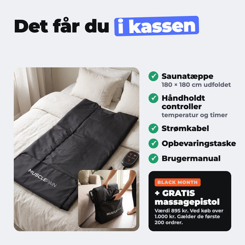 Det får du i kassen: saunatæppe, controller, strømkabel, opbevaringstaske og brugermanual